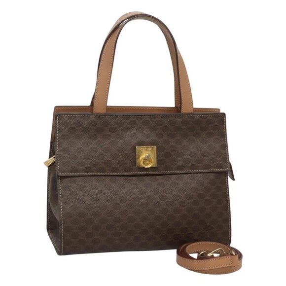 CELINE Macadam Canvas Hand Bag PVC Leather 2way Brown Gold Auth 123320 - Picture 1 of 15